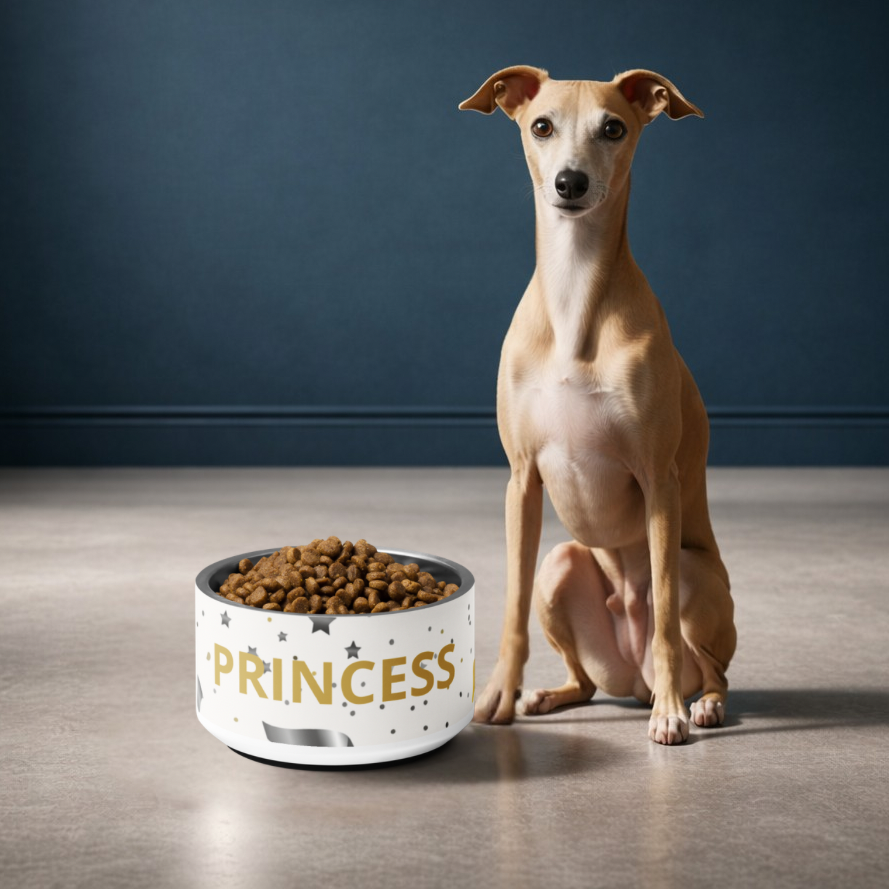 Dog sitting next to a bowl of food with 'PAW' branding on a wooden floor.