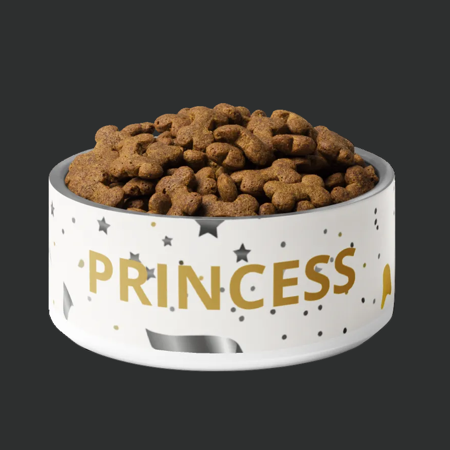 Dog food bowl labeled 'PRINCESS' with dog food on a white background