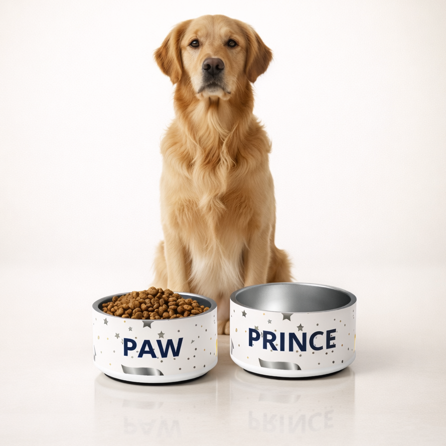 Dog sitting next to two personalized dog bowls with text ‘Paw Prince’ with food on a white background