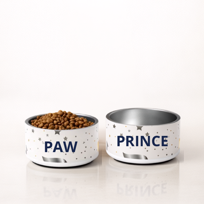Two ivory dog bowls stainless steel sets and small modern details, shown on a clean white background. 