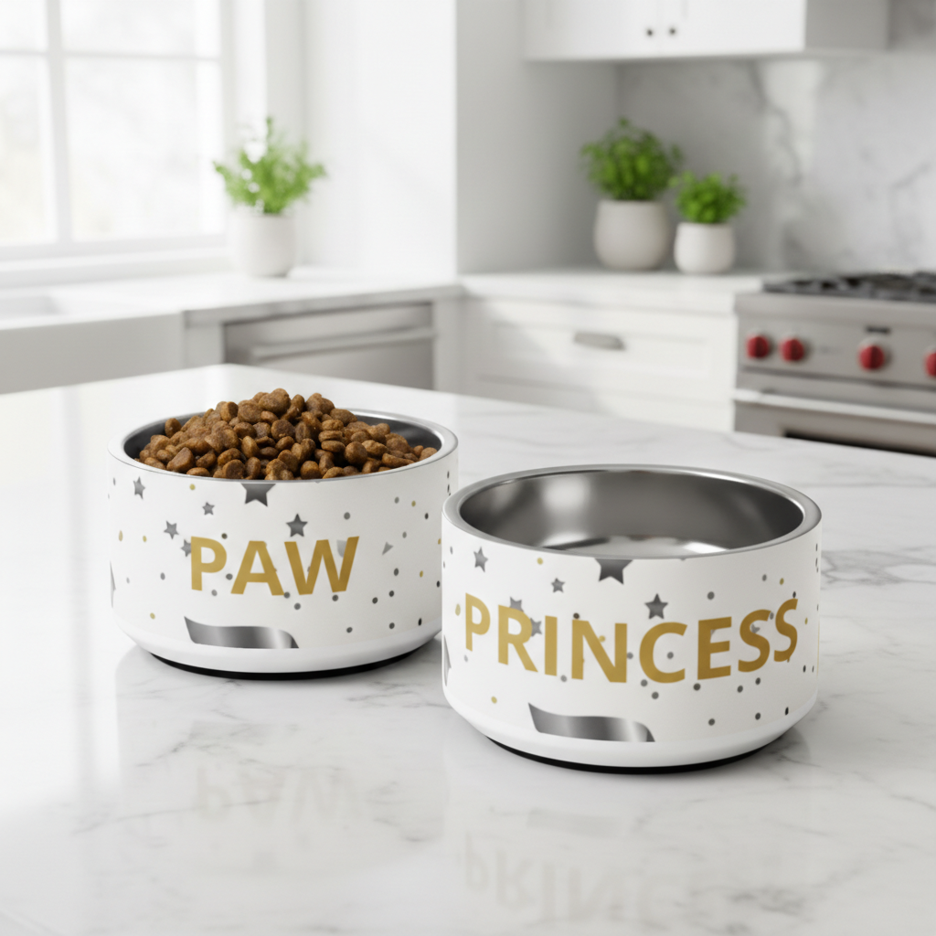 Two pet bowls labeled 'Paw' and 'Princess' on a modern kitchen counter.