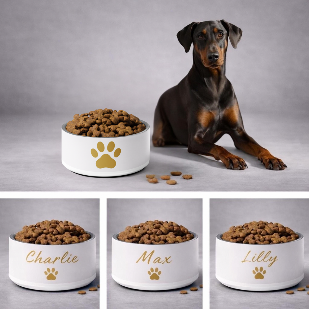 Matching set of coordinated luxury, custom dog bowls, meant to mix a match with paw pattern and custom dog name as a set