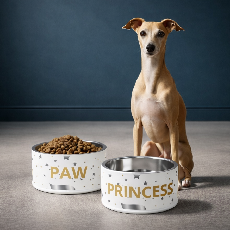 Dog sitting next to two pet bowls labeled 'PAW' and 'PRINCESS' on a dark background