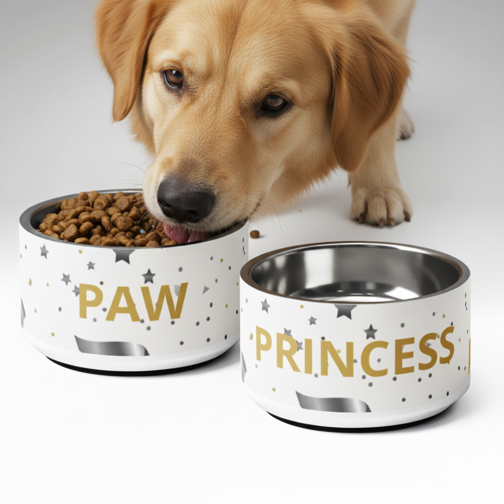 Dog eating from a 'PAW' stainless steel dog bowl with another 'PRINCESS' bowl next to it.
