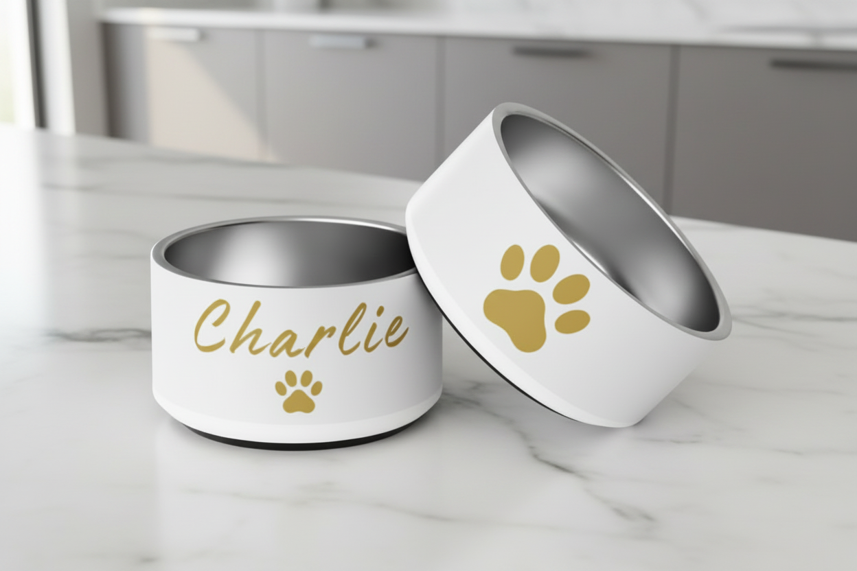Two white pet bowls with gold paw prints and 'Charlie' text on a gray surface