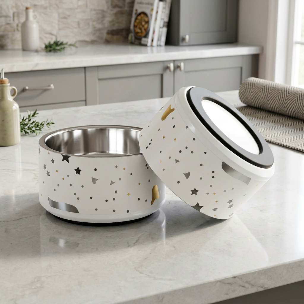 Front and bottom Rubber, bottom view of an ivory modern abstract pattern stainless steel, dog bowl in a gray kitchen on a marble countertop.