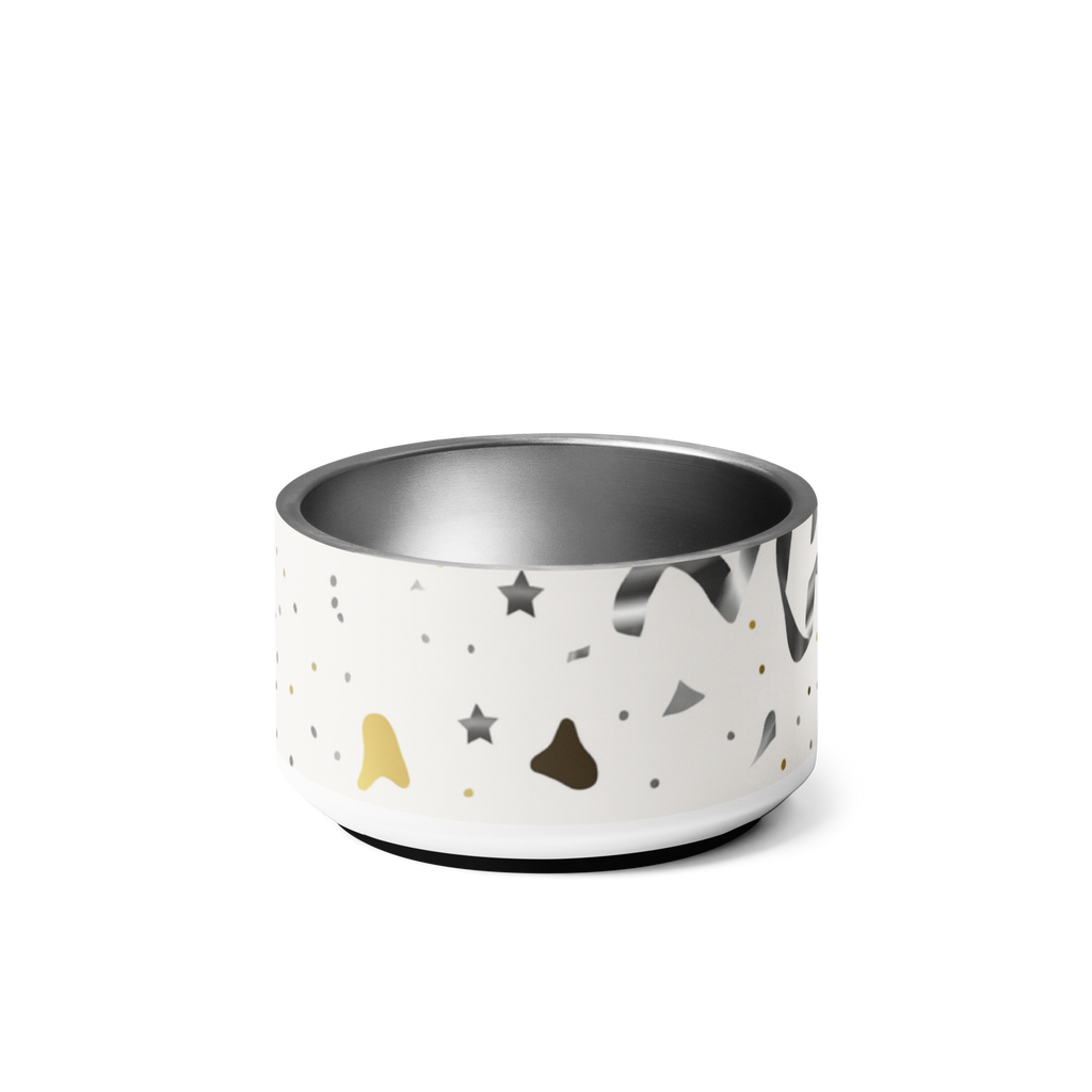    Ivory modern-pattern stainless steel dog bowl with dry kibble, left view on a white background.