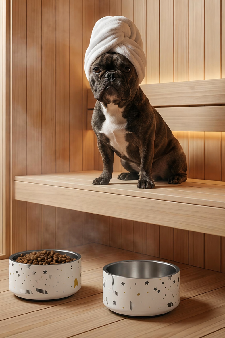 Dark-coated dog sitting near luxury stainless steel dog bowls in a sauna with a towel on its head.