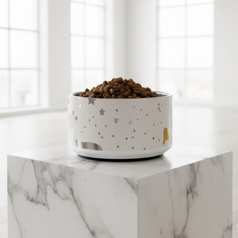 Ivory  modern patterned 18oz stainless steel, Antimicrobial, dog bowl filled with kibble on a marble countertop, by Uncommon Canine Couture Co.