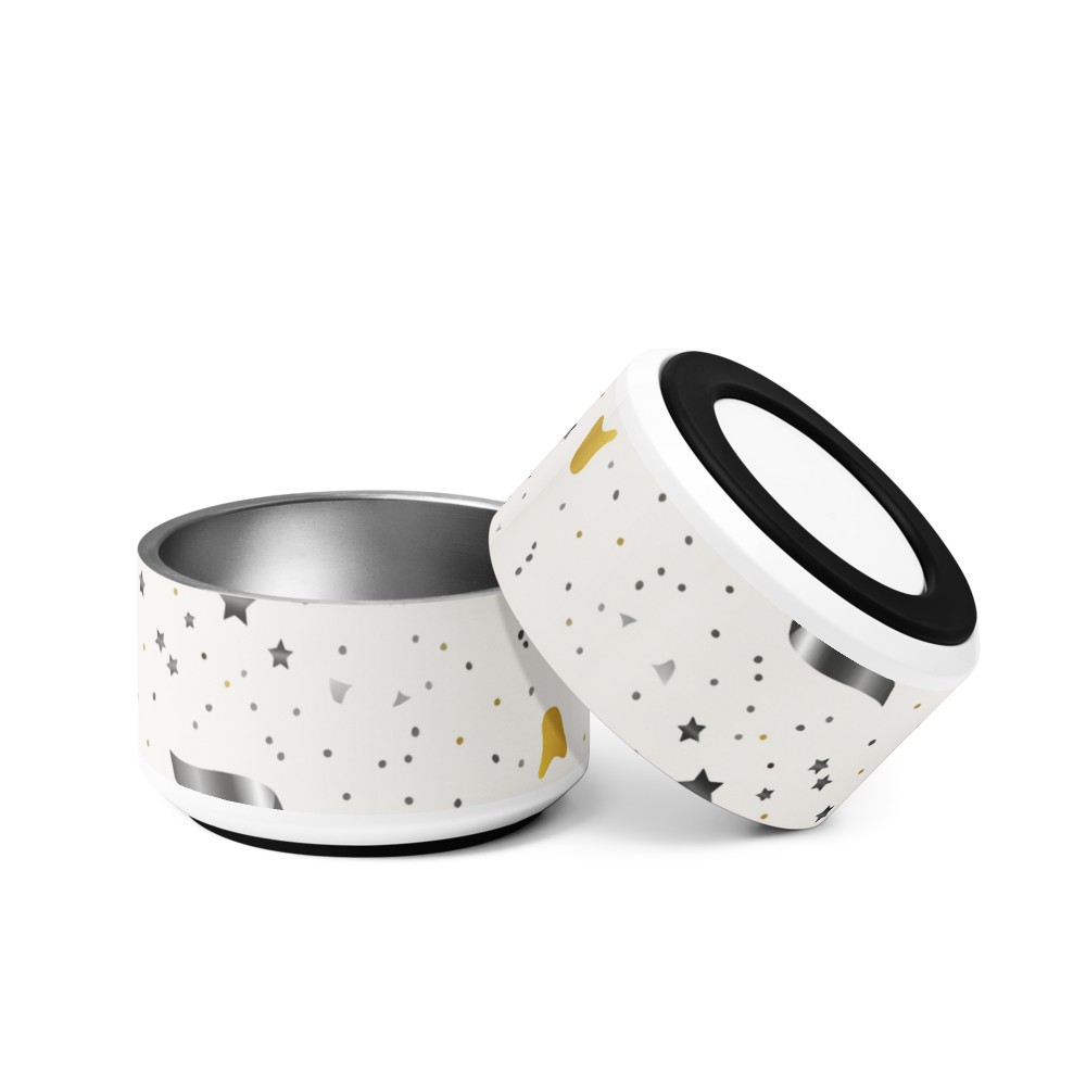 Angled view of ivory modern luxury stainless steel dog bowl with nonslip black base. 