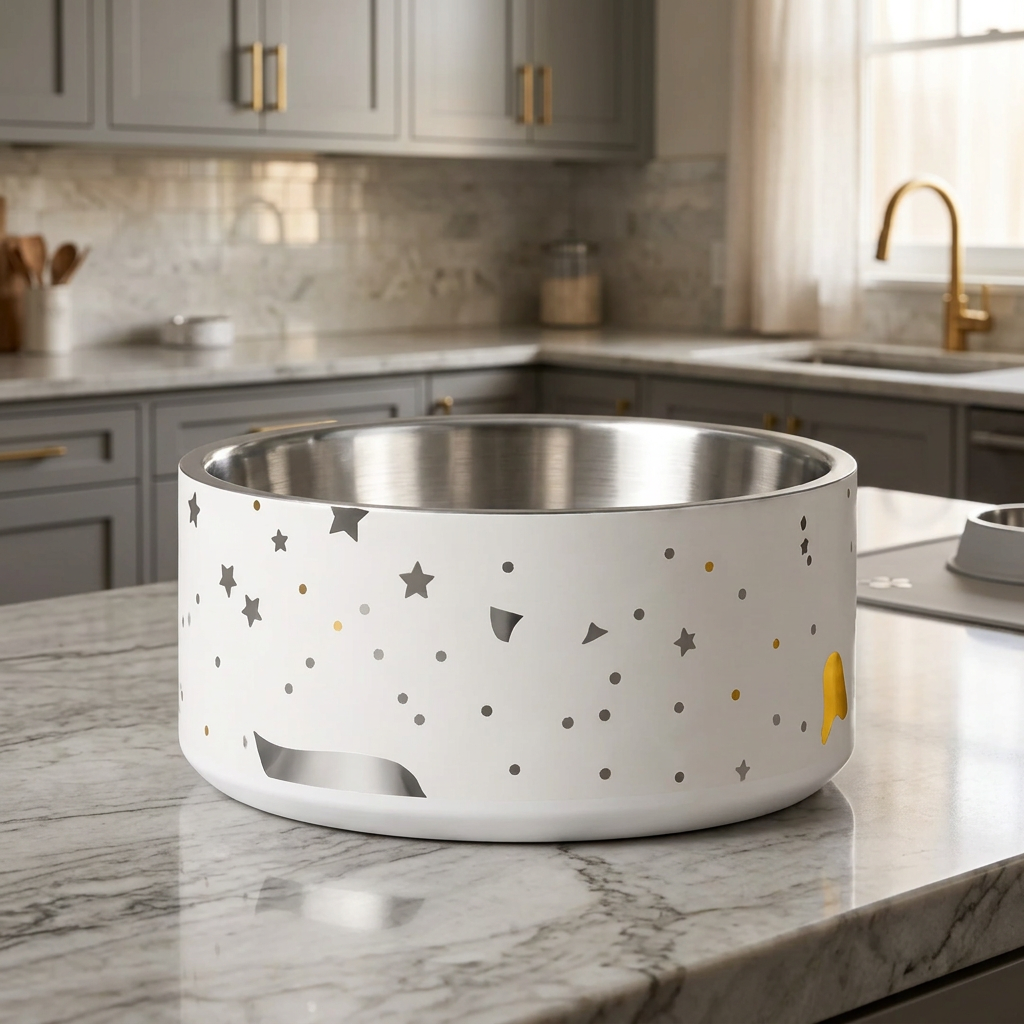 Ivory abstract pattern stainless steel, dog bowl in a gray kitchen cabineton a marble countertop.