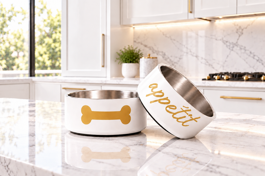 Two pet bowls on a white marble kitchen countertop. One bowl is upright, ivory, and decorated with a gold bone icon second bowl text says  ‘appétit.’