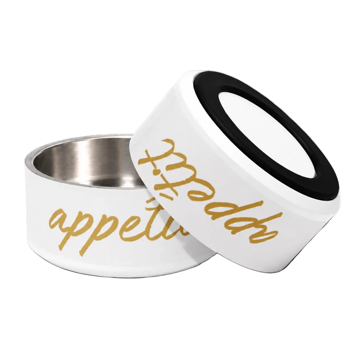 Two ivory dog bowls with gold script lettering reading 'appetite', with a rubber base on a solid white background.