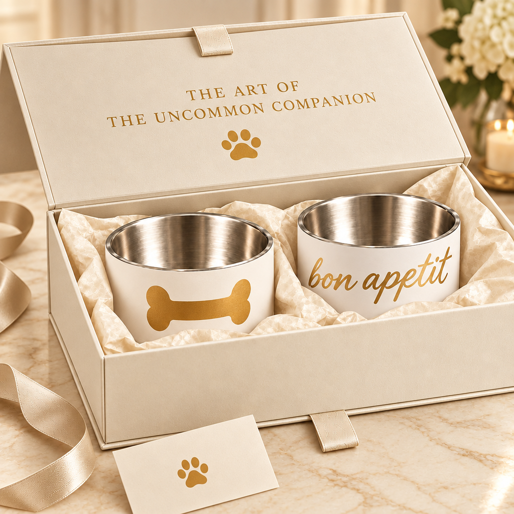 An open cream gift box holds two ivory stainless steel dog bowls, one has a gold bone graphic, and the other has the word 'appetit' in gold script