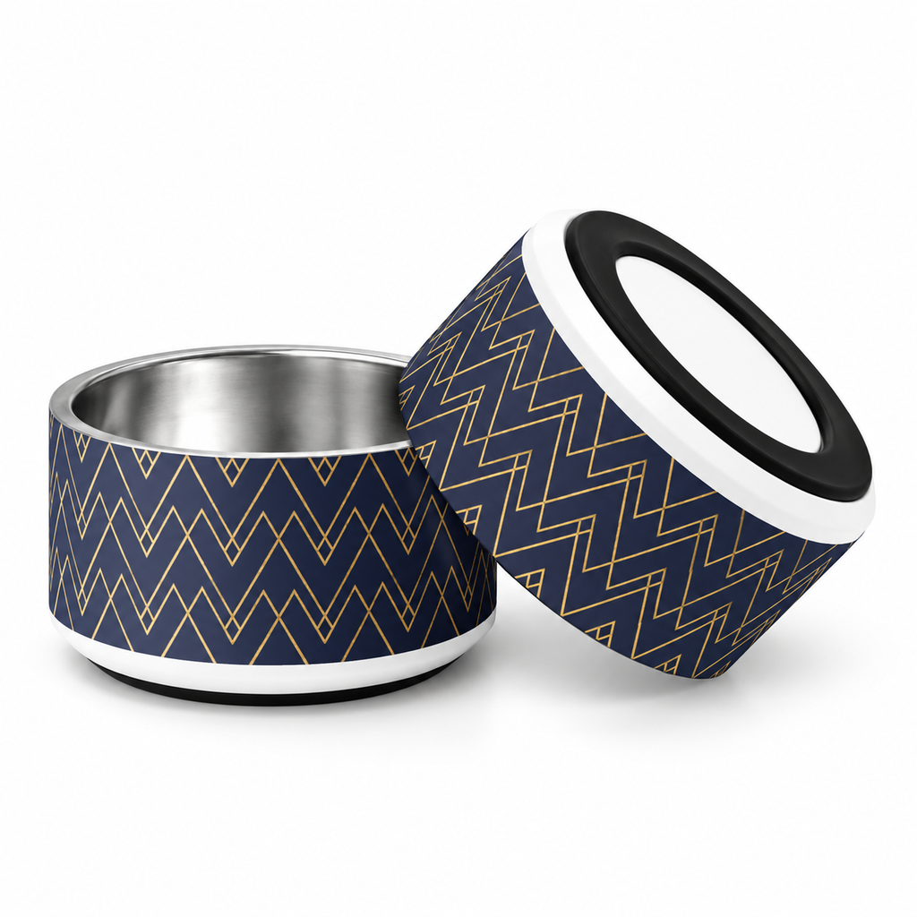Deep navy and gold geometric luxury pattern luxury stainless steel dog bowl, front and bottom, nonslip Base, on a white background