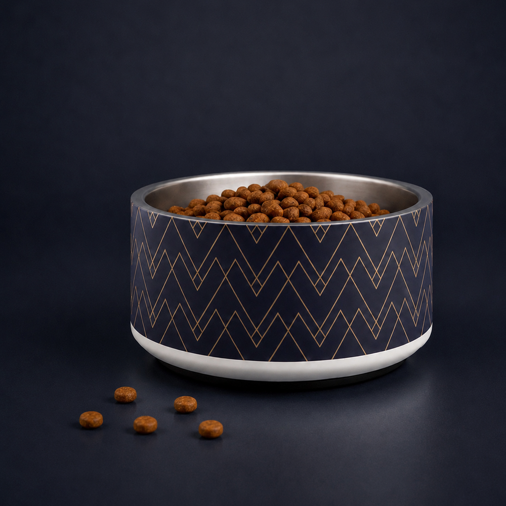 Dog food bowl with geometric pattern on a dark background