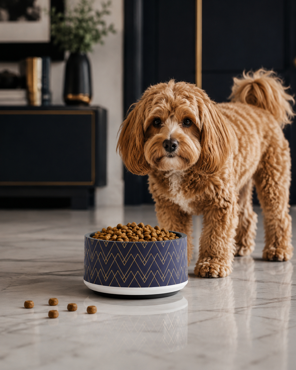 Uncommon Luxe Navy & Gold geometric Pattern 18 oz Stainless Steel Dog Bowl