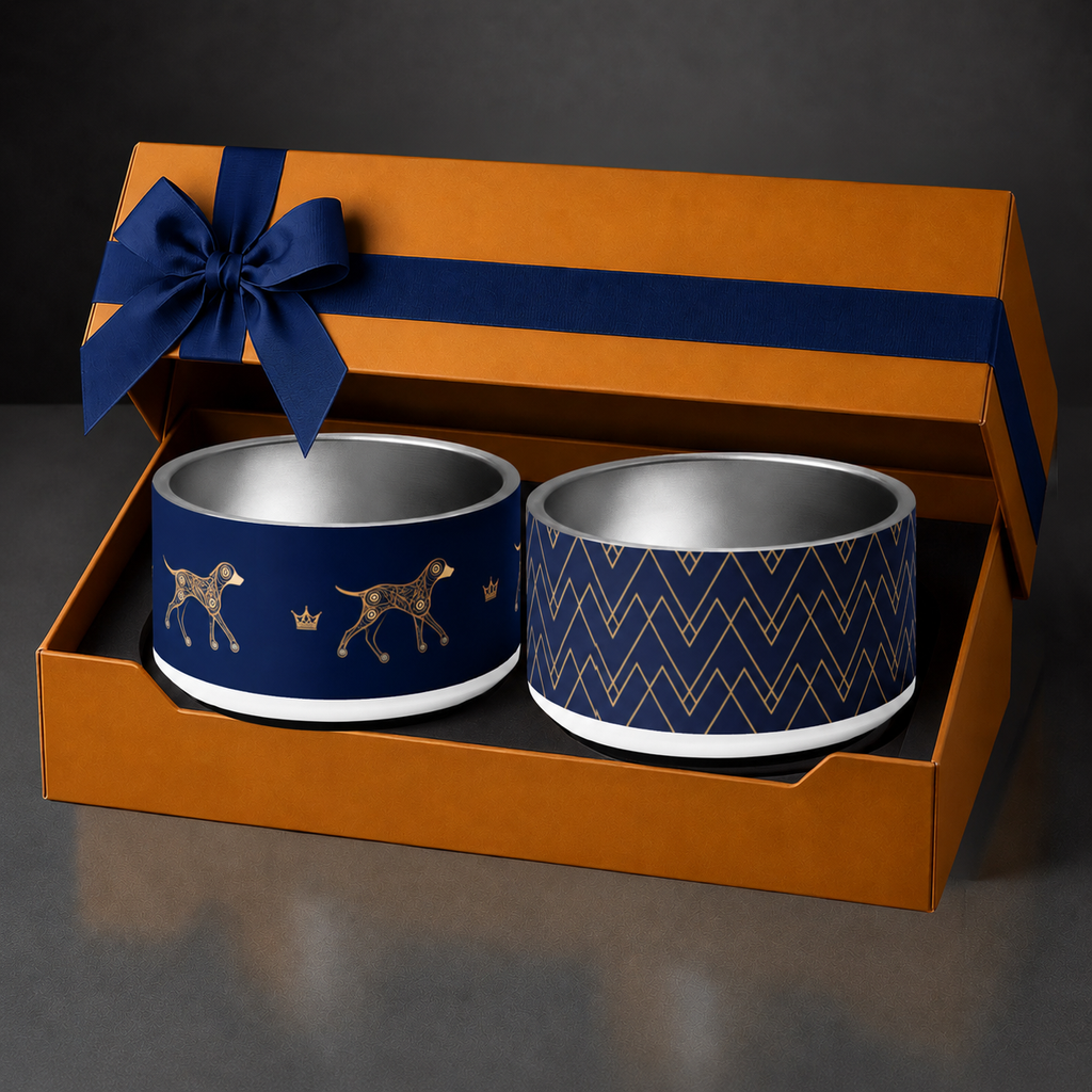 Deep navy and gold stainless steel dog bowl gift set with two designer pet bowls in a luxury orange/gold gift box with navy bow.