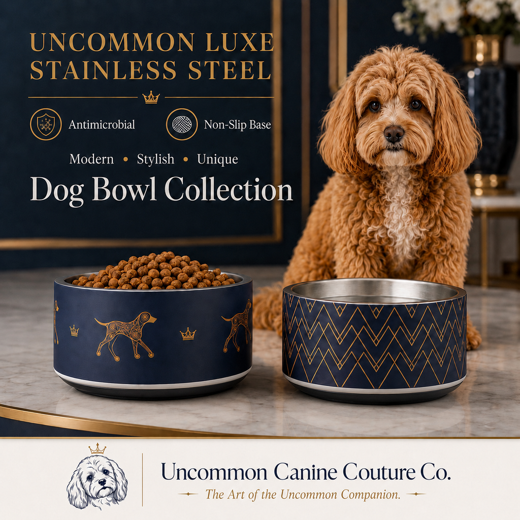 Deep navy and gold geometric, dog illustration with crowns. Luxury stainless steel dog bowl, 18oz—advertisement Uncommon Canine Couture Co. 