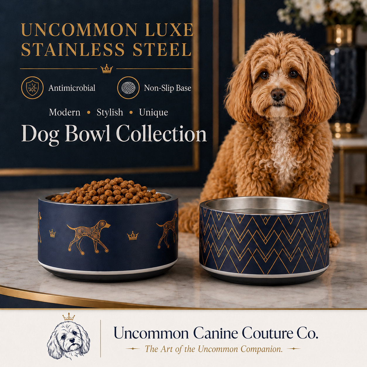 Deep navy and gold geometric, dog illustration with crowns. Luxury stainless steel dog bowl, 18oz—advertisement Uncommon Canine Couture Co. 