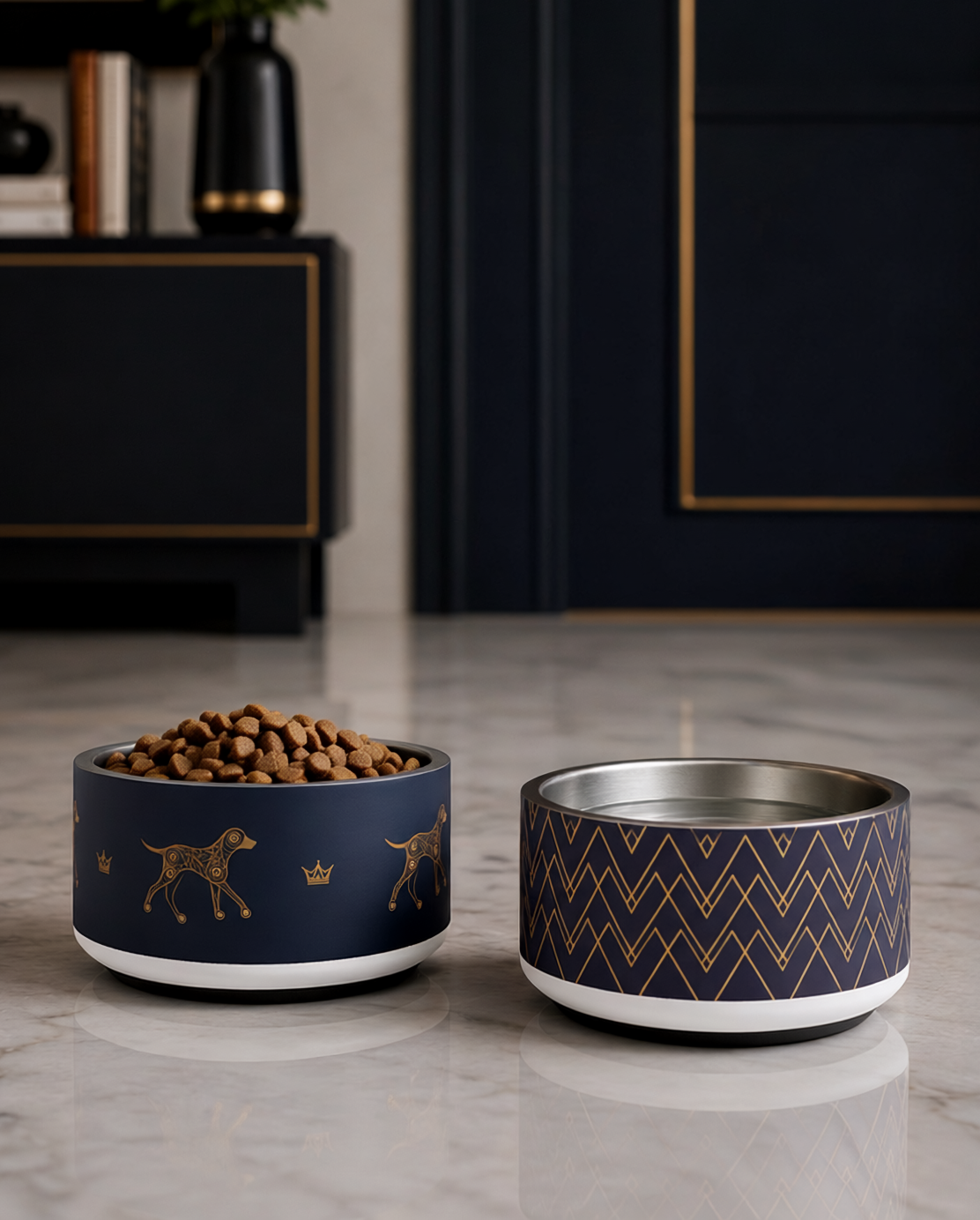 Deep navy and gold, dog-and-crown pattern, geometric pattern. luxury stainless steel dog bowl, 18oz set, deep black background by Uncommon Canine Couture Co