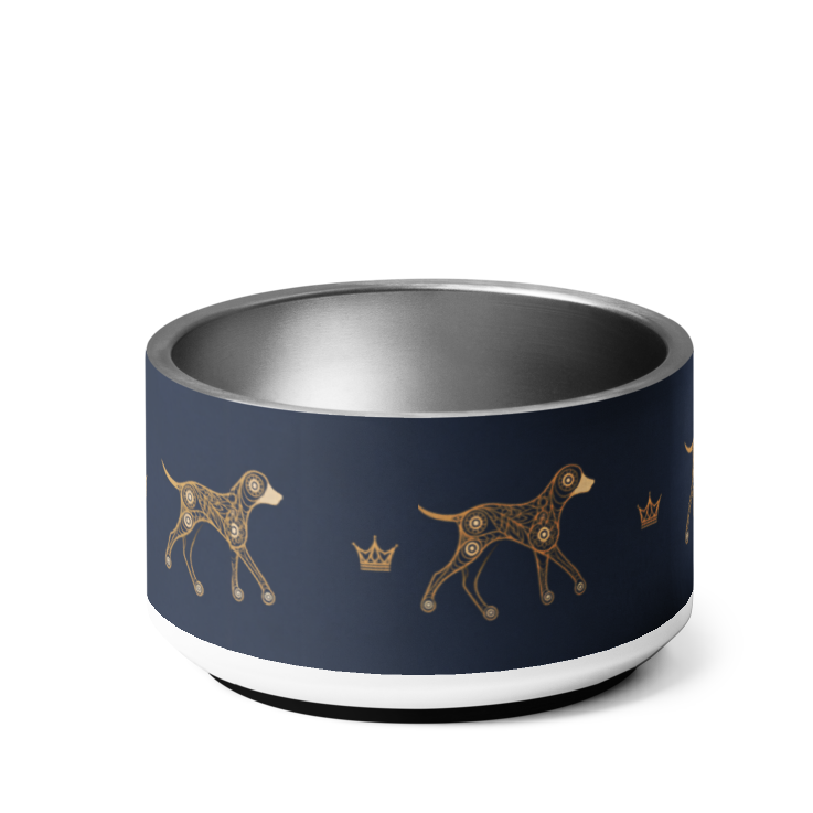 Deep navy and gold dog and crown pattern luxury stainless steel dog bowl, 18oz. back. Uncommon Canine Couture co
