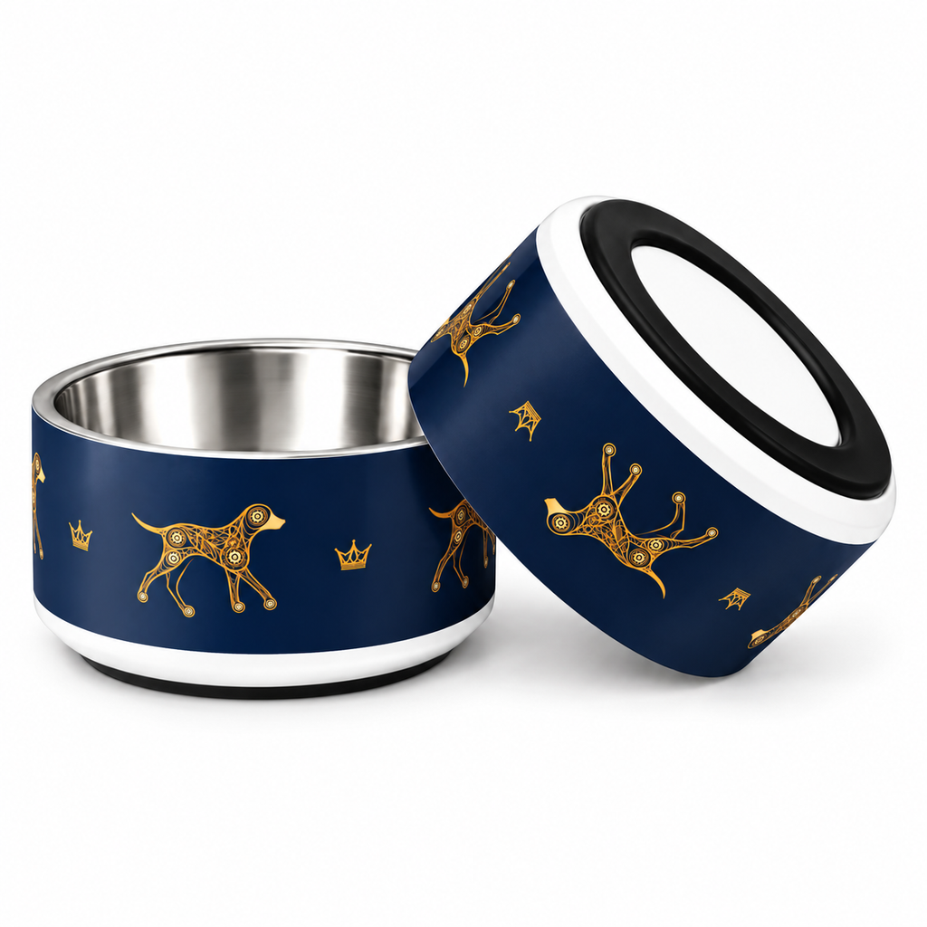 Deep navy & gold dog illustration with crown pattern. One front facing the second inverted bottom to shows the nonslip base.