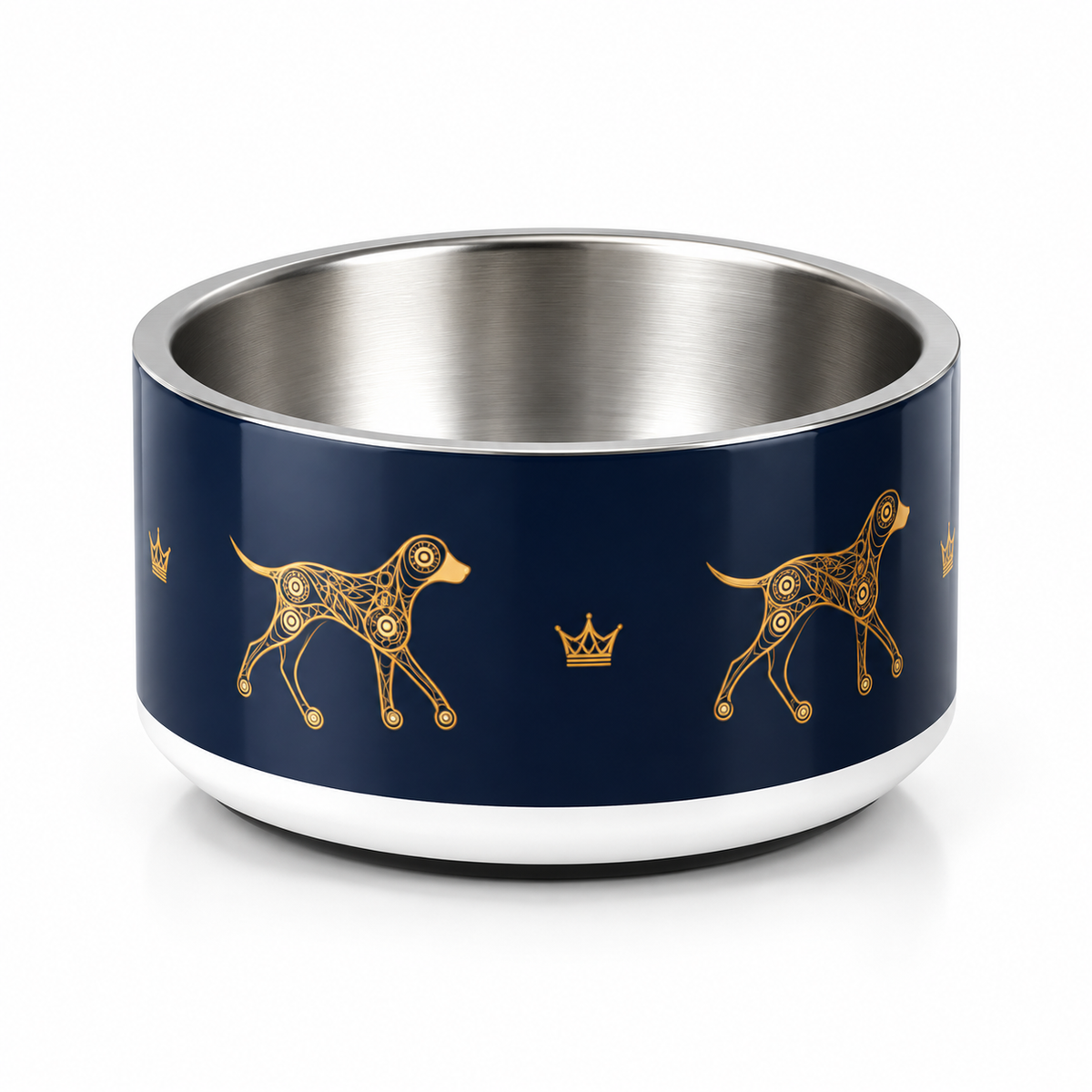 Deep navy and gold dog illustration and crown pattern luxury stainless steel dog bowl, 18oz. On a white background