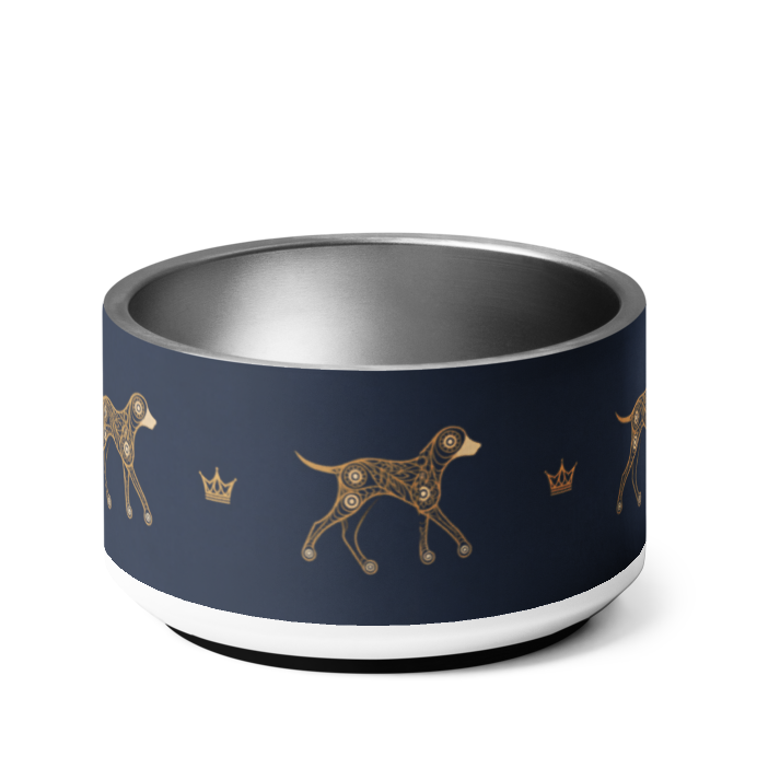 Deep navy and gold dog and crown pattern luxury stainless steel dog bowl, 18oz. Uncommon Canine Couture co