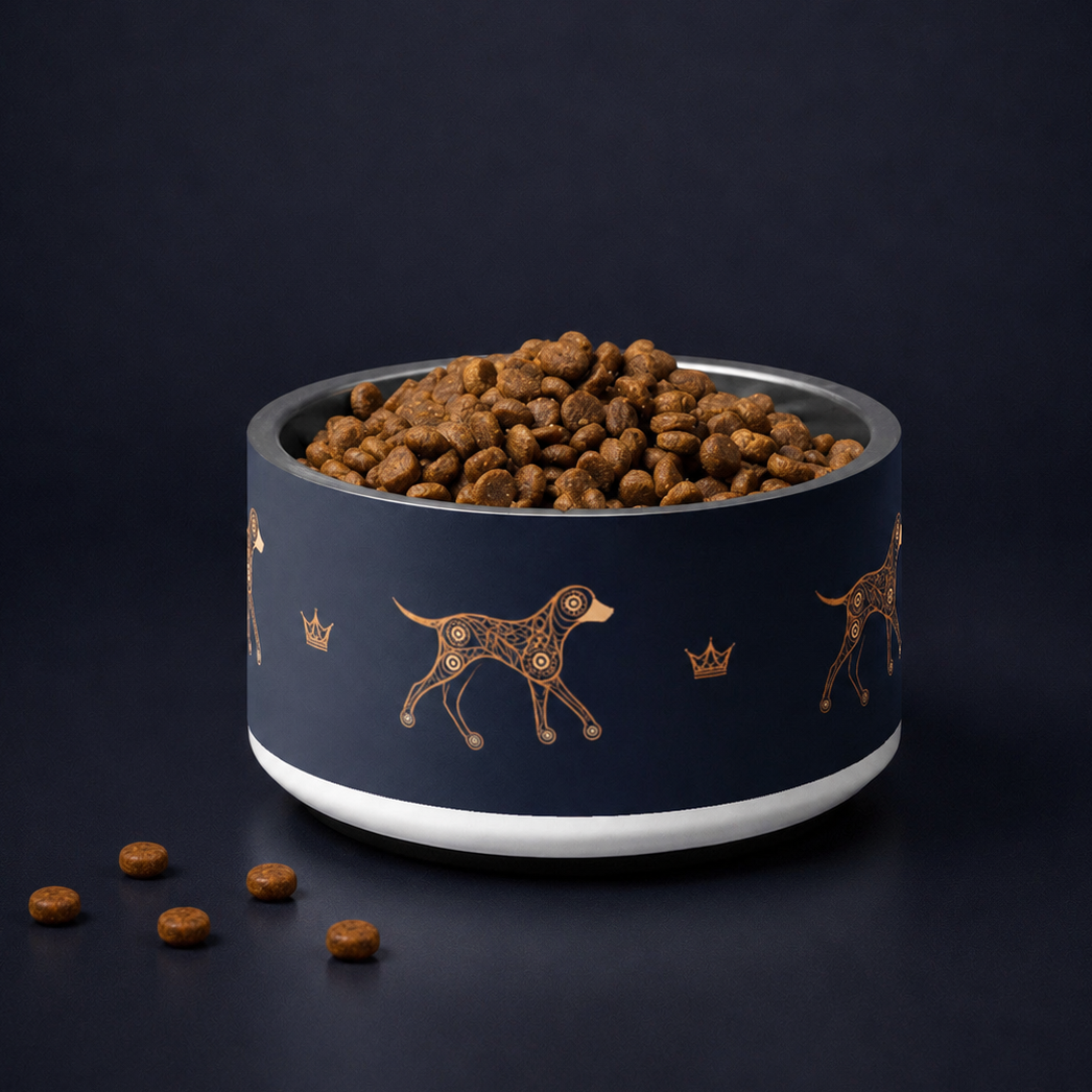Deep navy and gold dog and crown pattern luxury stainless steel dog bowl, 18oz. Uncommon Canine Couture co