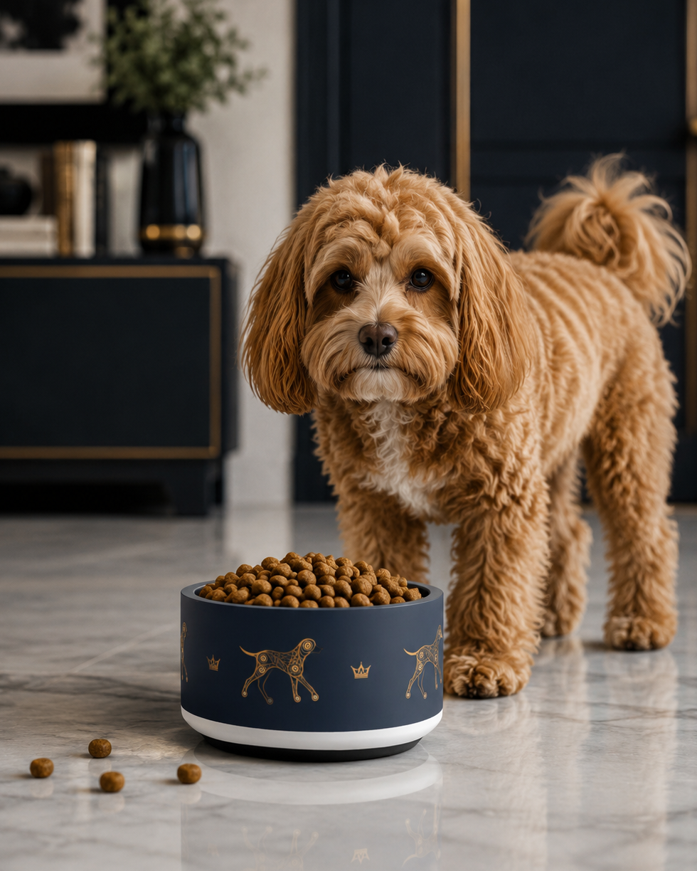 Deep navy and gold dog and crown pattern luxury stainless steel dog bowl, 18oz. Uncommon Canine Couture co