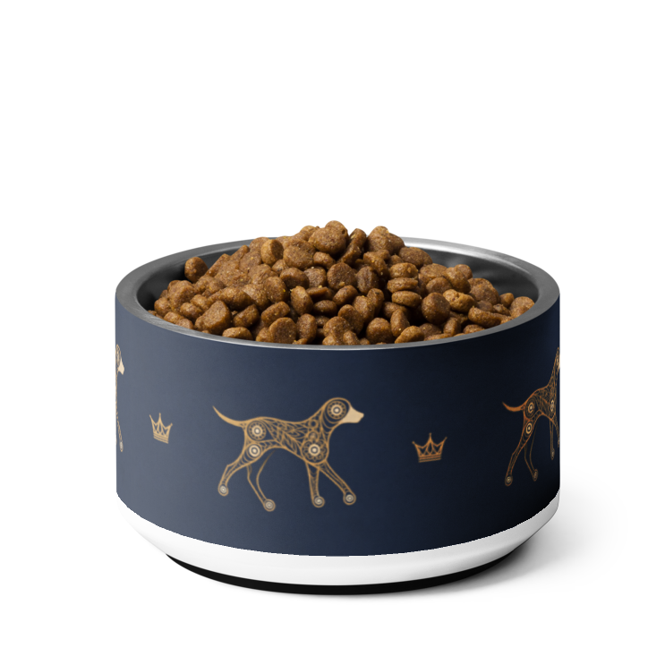 Deep navy and gold dog and crown pattern luxury stainless steel dog bowl, 18oz. Uncommon Canine Couture co