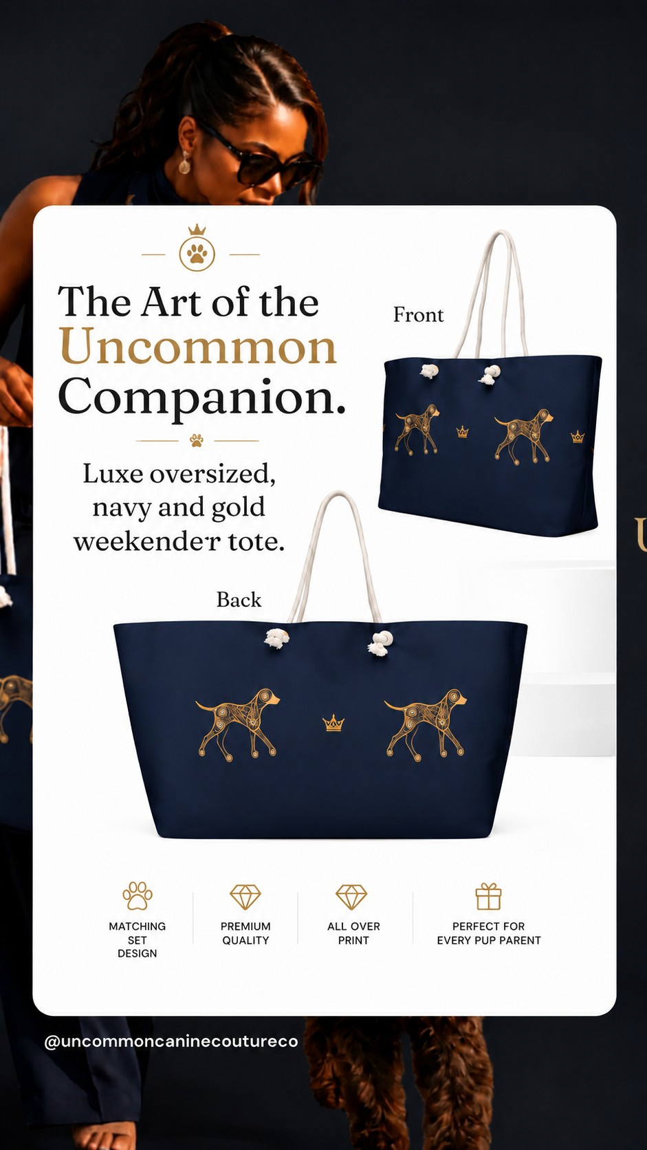 Promotional graphic advertisement benefit card for Deep navy luxury tote front and back print dog patterns and crowns.