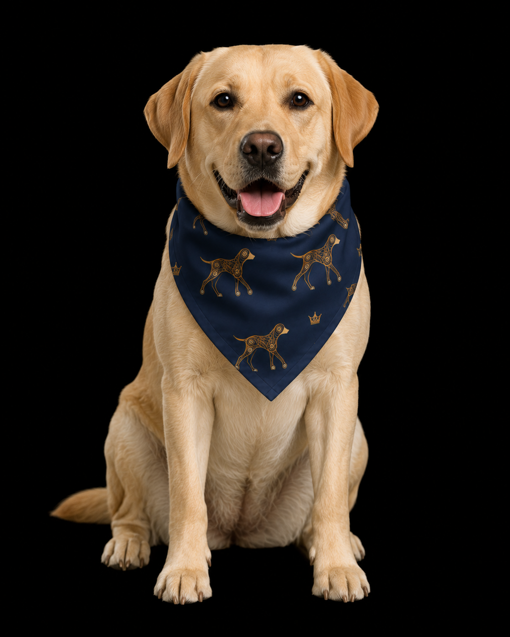 Dog wearing a blue bandana with dog illustrations on a black background