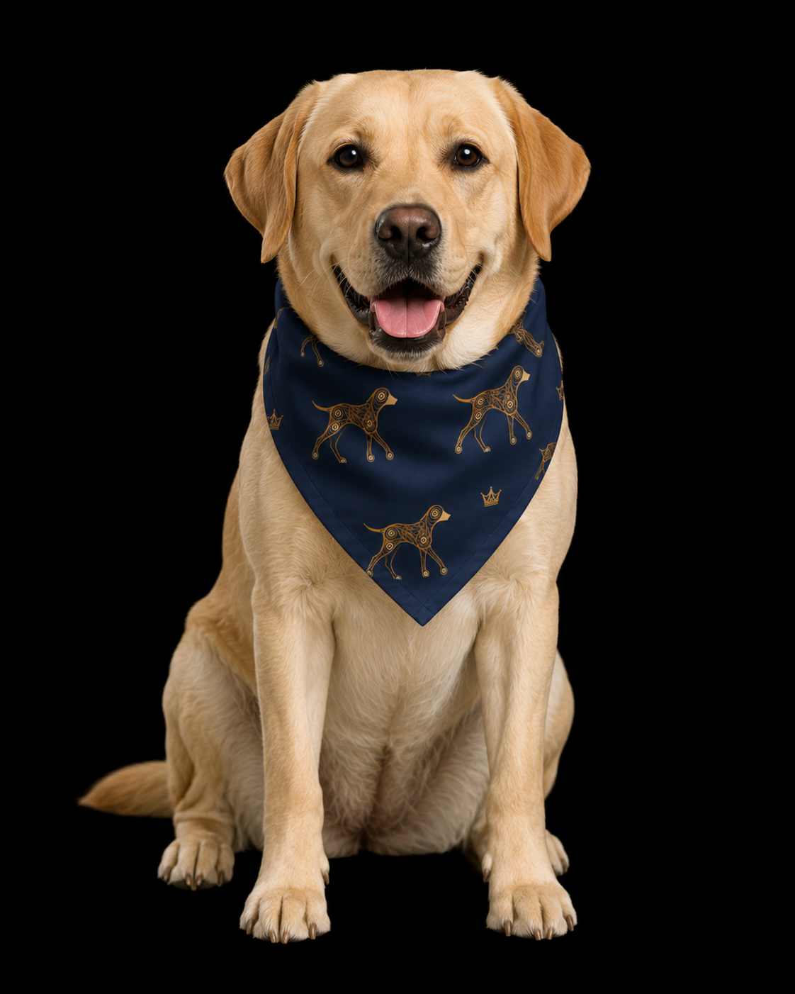 Dog wearing a blue bandana with dog illustrations on a black background
