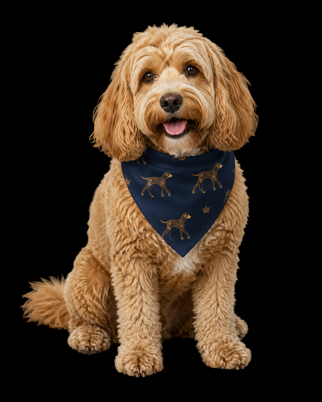Dog wearing a blue bandana with dog illustrations on a black background
