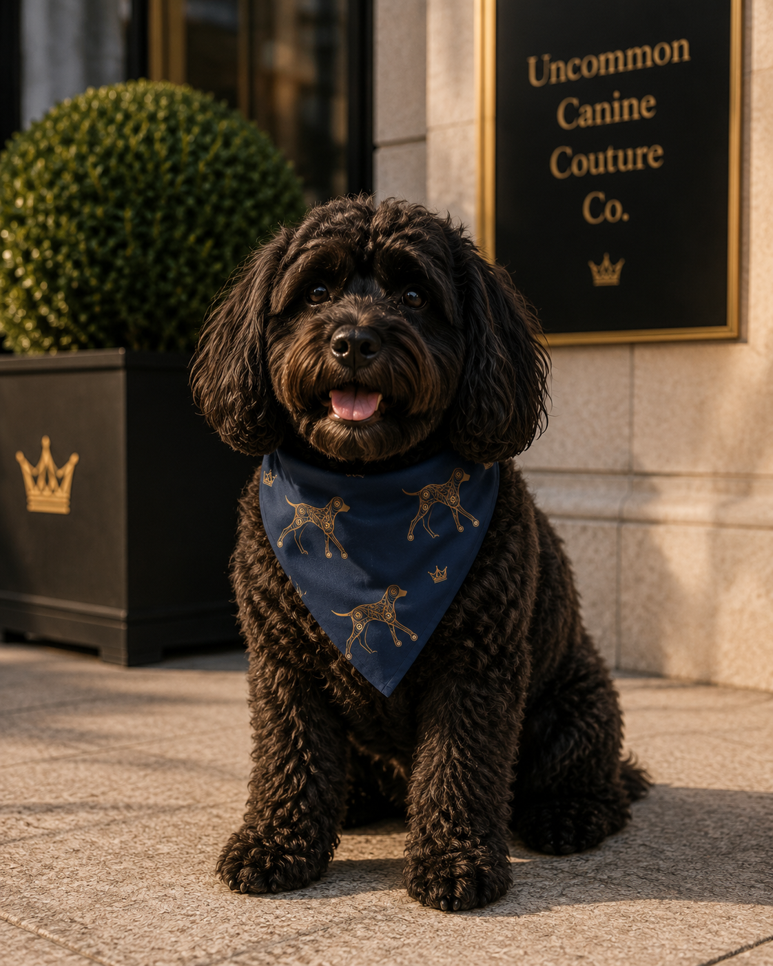 Dog wearing a blue bandana with gold dog prints in front of 'Uncommon Canine Couture Co.'