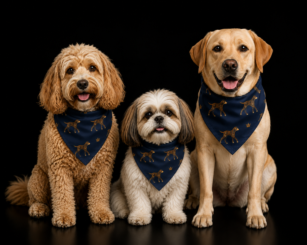 Three dogs wearing blue bandanas with a pattern on a black background