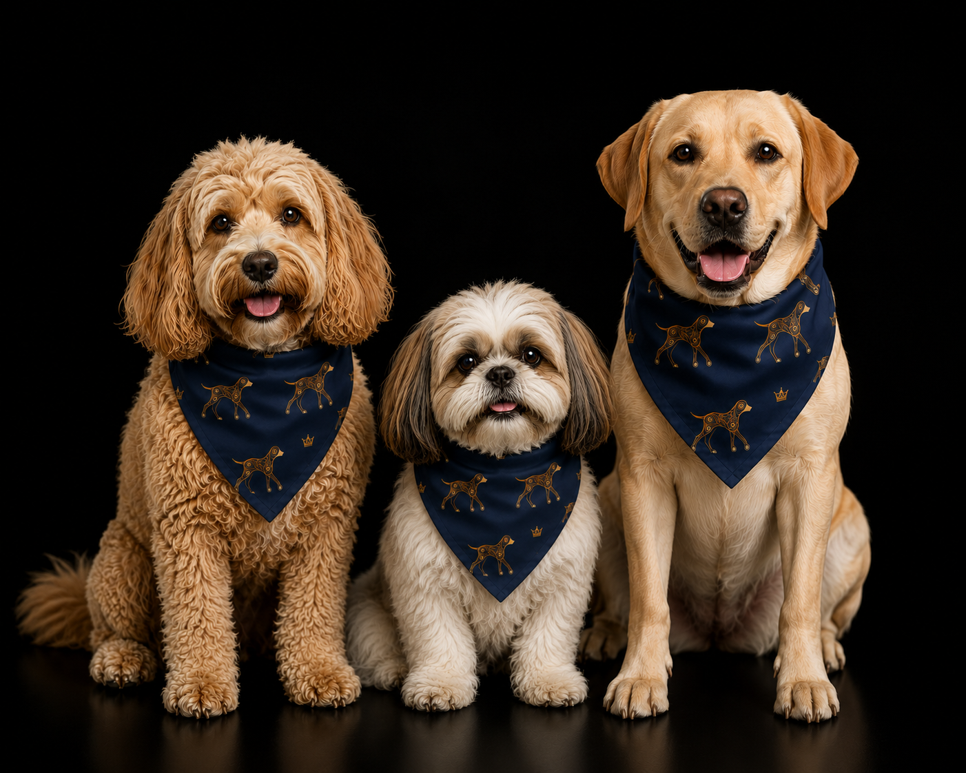 Three dogs wearing blue bandanas with a pattern on a black background
