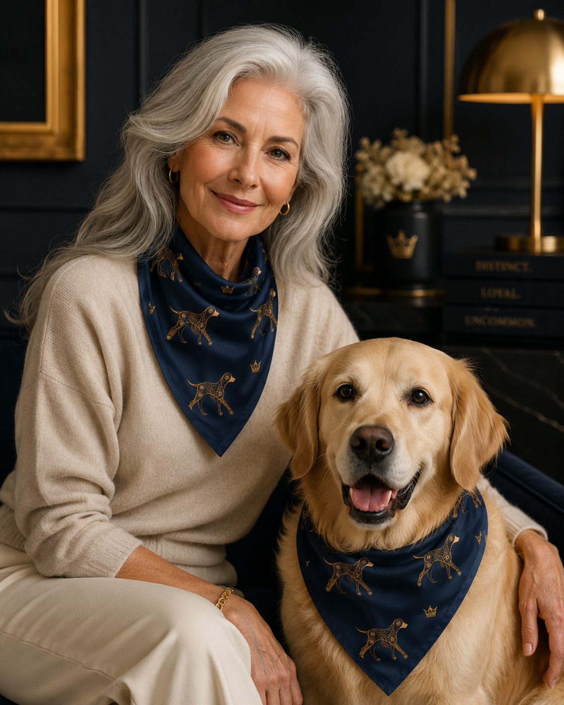 Woman and dog wearing a matching deep navy and gold dog-and-crown geometric-pattern bandana, by Uncommon Canine Couture Co.