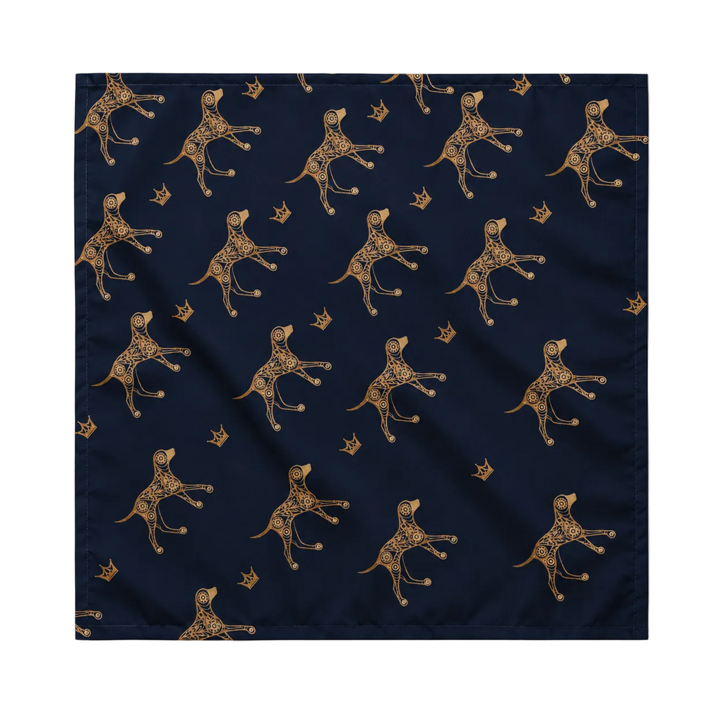 A navy blue bandana, featuring a gold pup illustration, pairs same pattern dog bowl set.