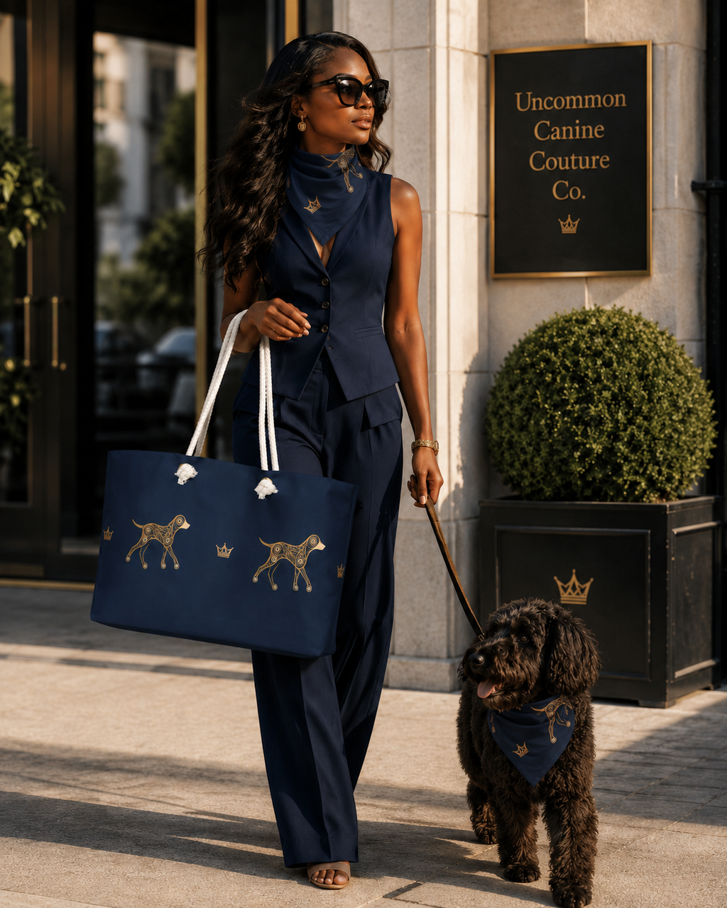 Deep navy and gold, dog-and-crown pattern, geometric pattern, tote and matching dog mom and dog bandana background by Uncommon Canine Couture Co
