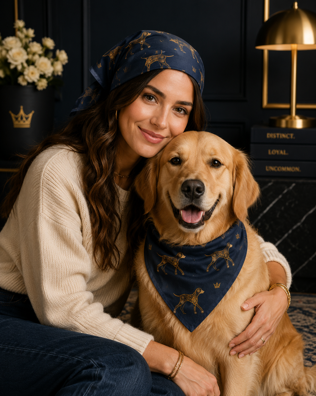 Woman and dog wearing matching blue bandanas in a cozy indoor setting.