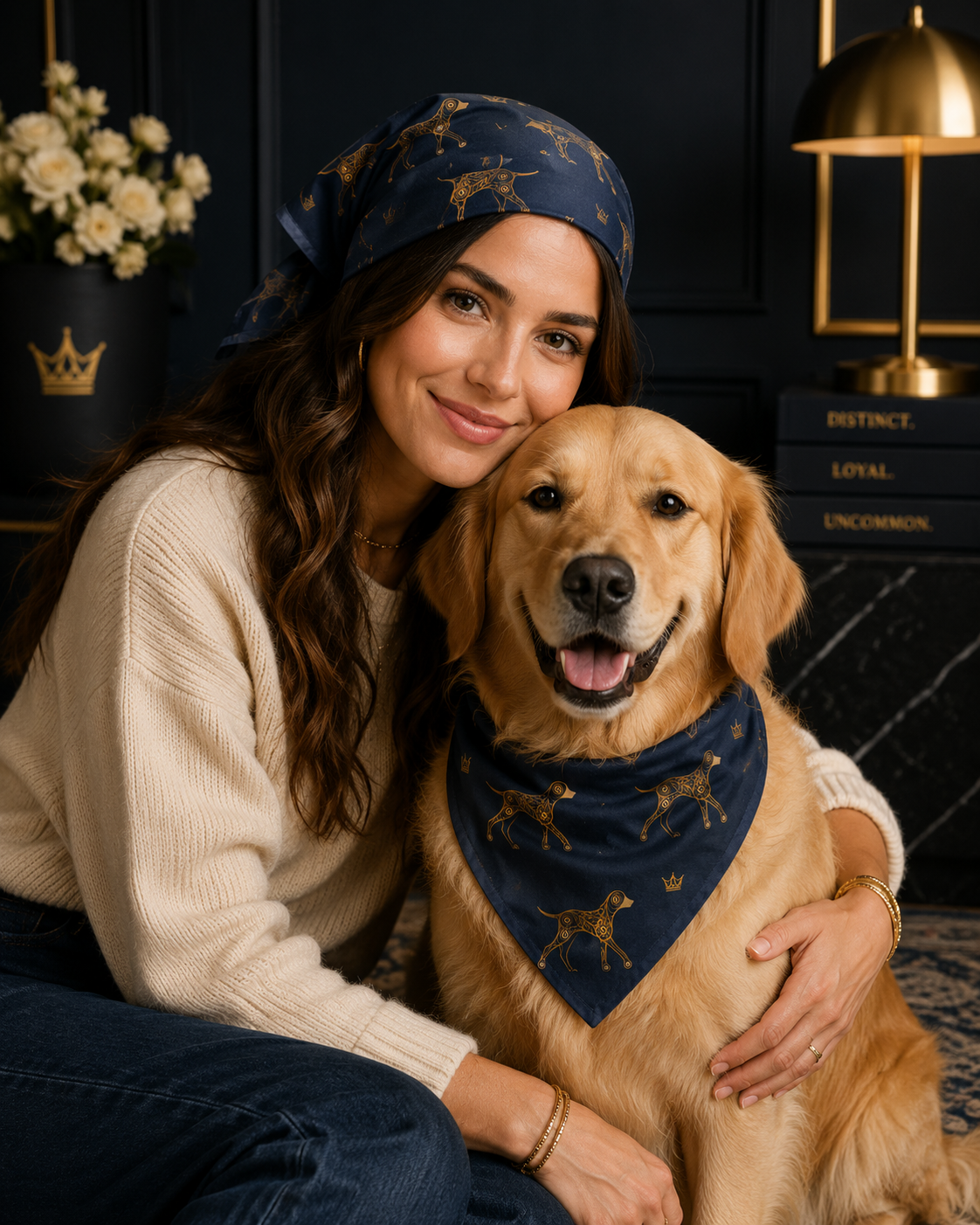 Woman and dog wearing matching blue bandanas in a cozy indoor setting.