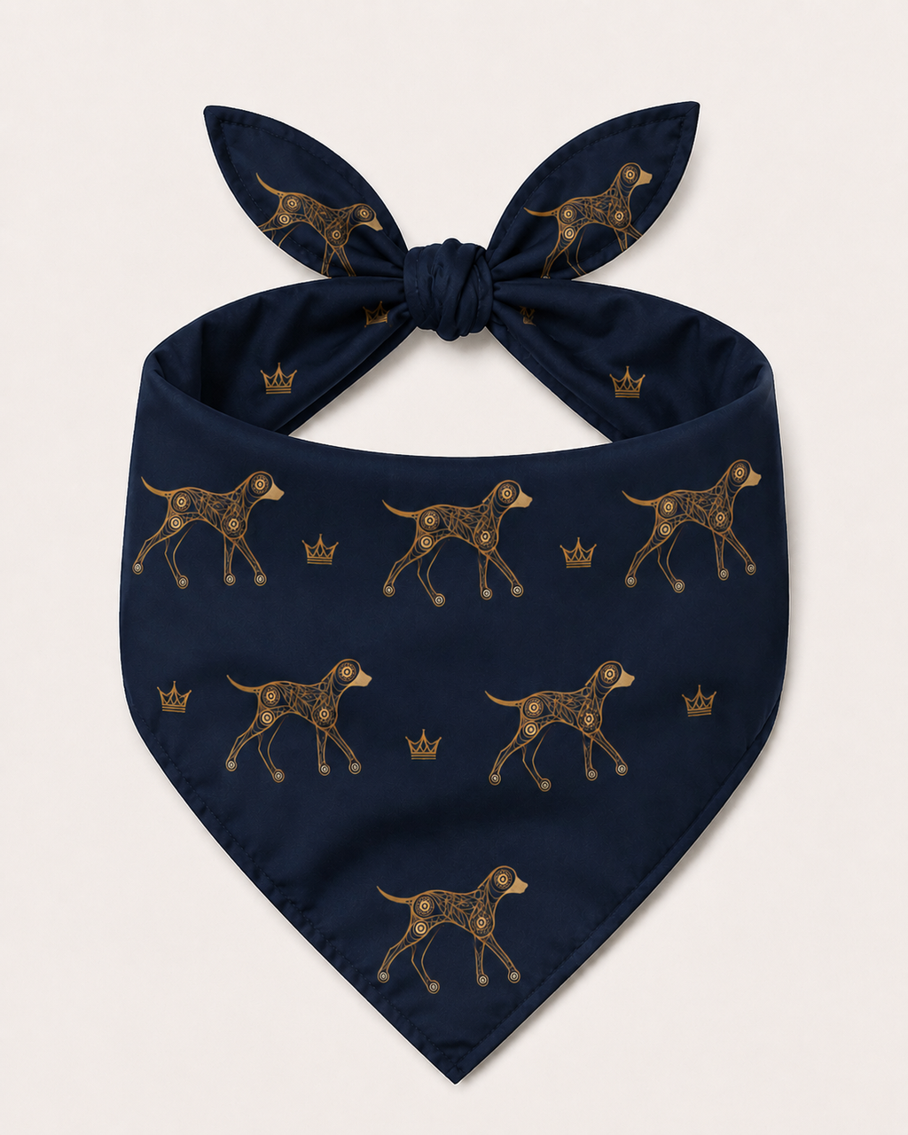 Navy blue bandana with gold dog pattern on a white background