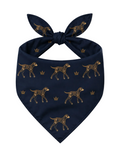 Navy blue bandana with gold dog pattern on a white background