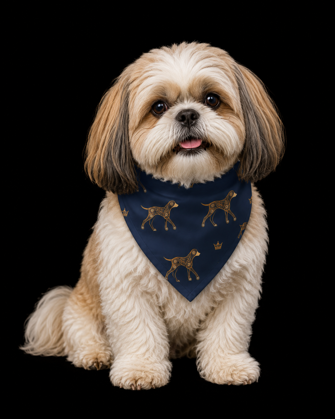 Dog wearing a navy blue bandana with dog pattern on a black background