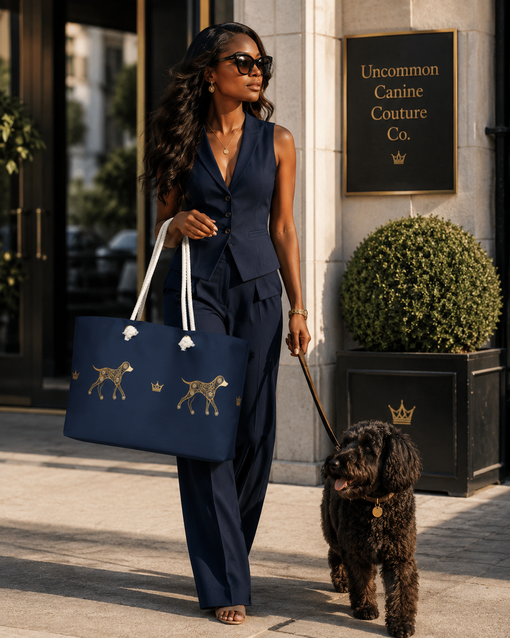 Woman in navy outfit walking a dog with a matching navy tote bag outside 'Uncommon Canine Couture Co.'