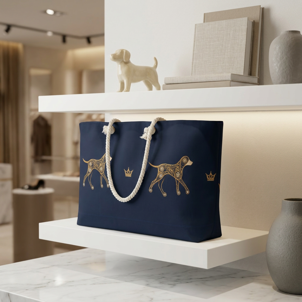 Deep navy & gold dog crown- geometric-pattern tote with boutique background, by Uncommon Canine Couture Co.