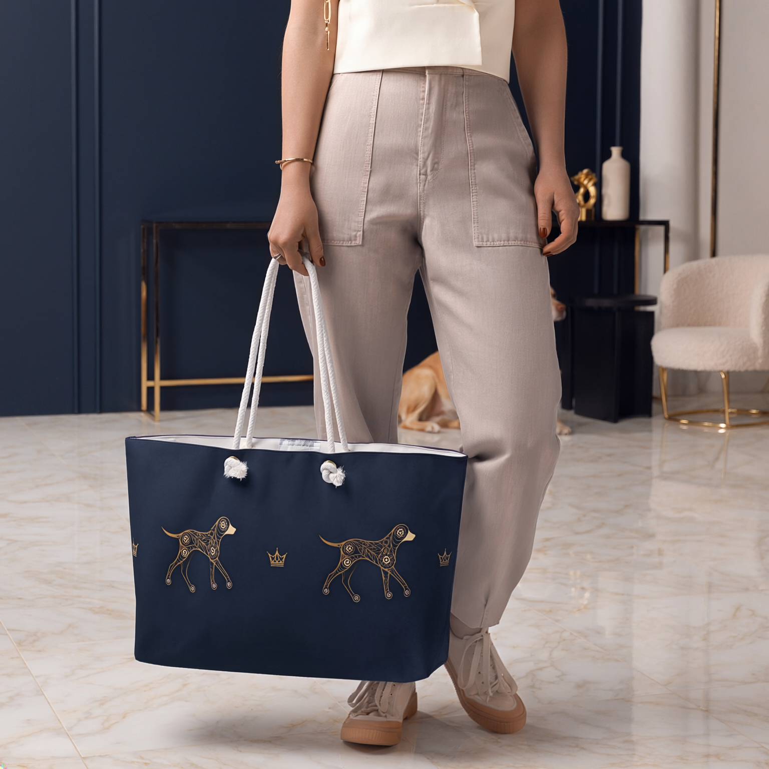 Uncommon Luxe Navy Dog illusion -Crown Extra Large Weekender Tote Bag